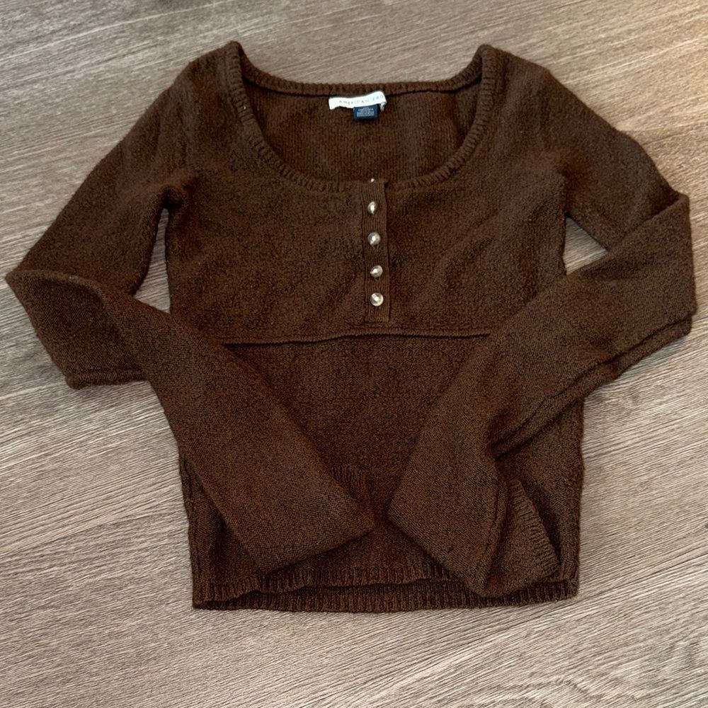 American Age Brown Knit Sweater with Button Accent